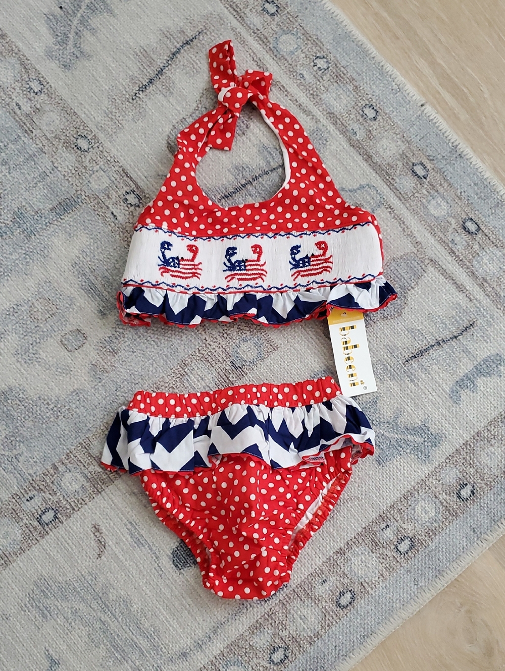 NWT Babeeni Girls Smocked Embroidered Patriotic Flag Grab Girls Swimsuit Sz5